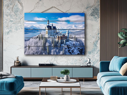 Neuschwanstein Castle Painting – Winter Castle Wall Art on Natural Wood Planks