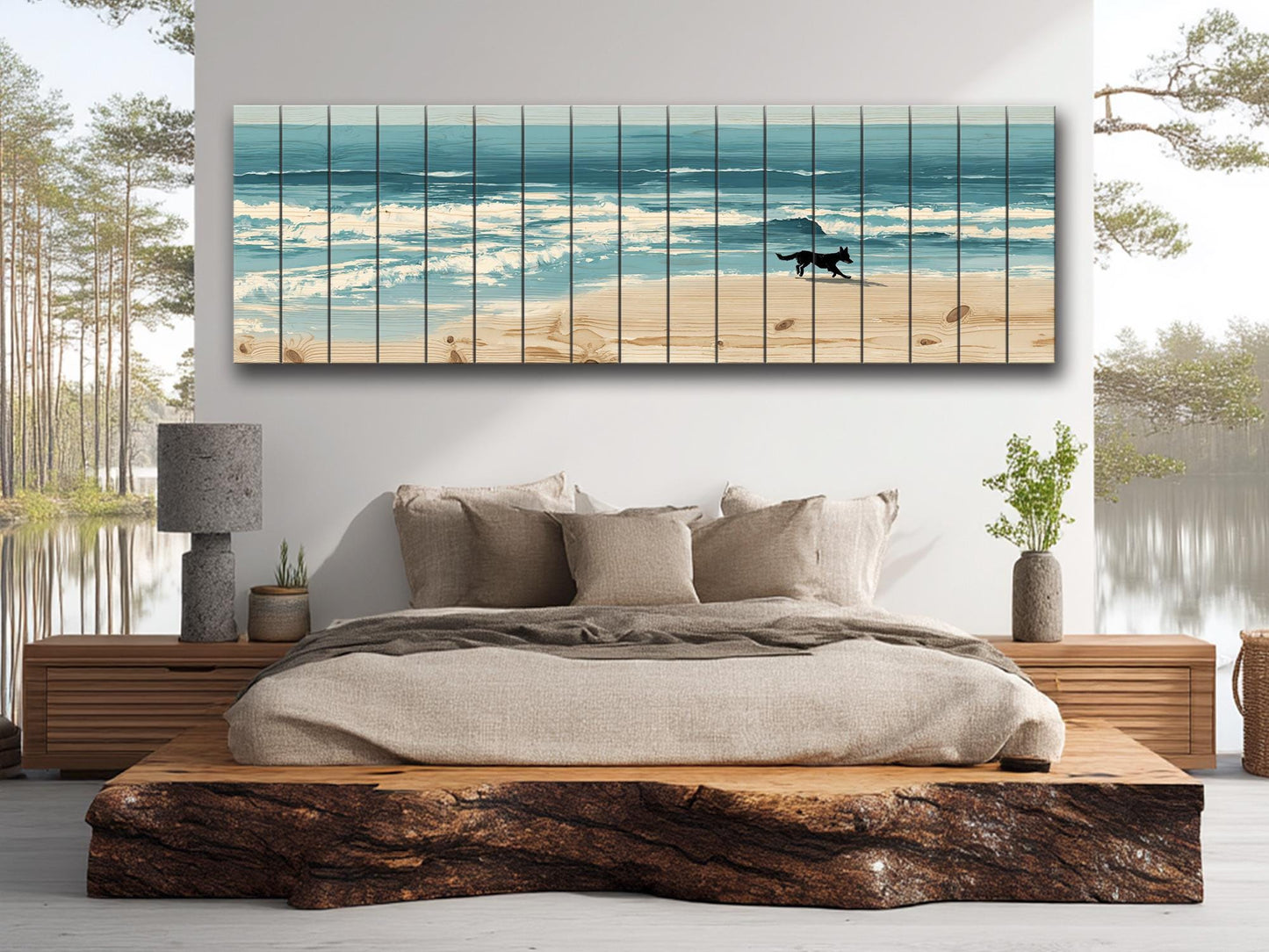 Coastal Wall Art – Dog Running on Beach Wood Print | Rustic Natural Decor