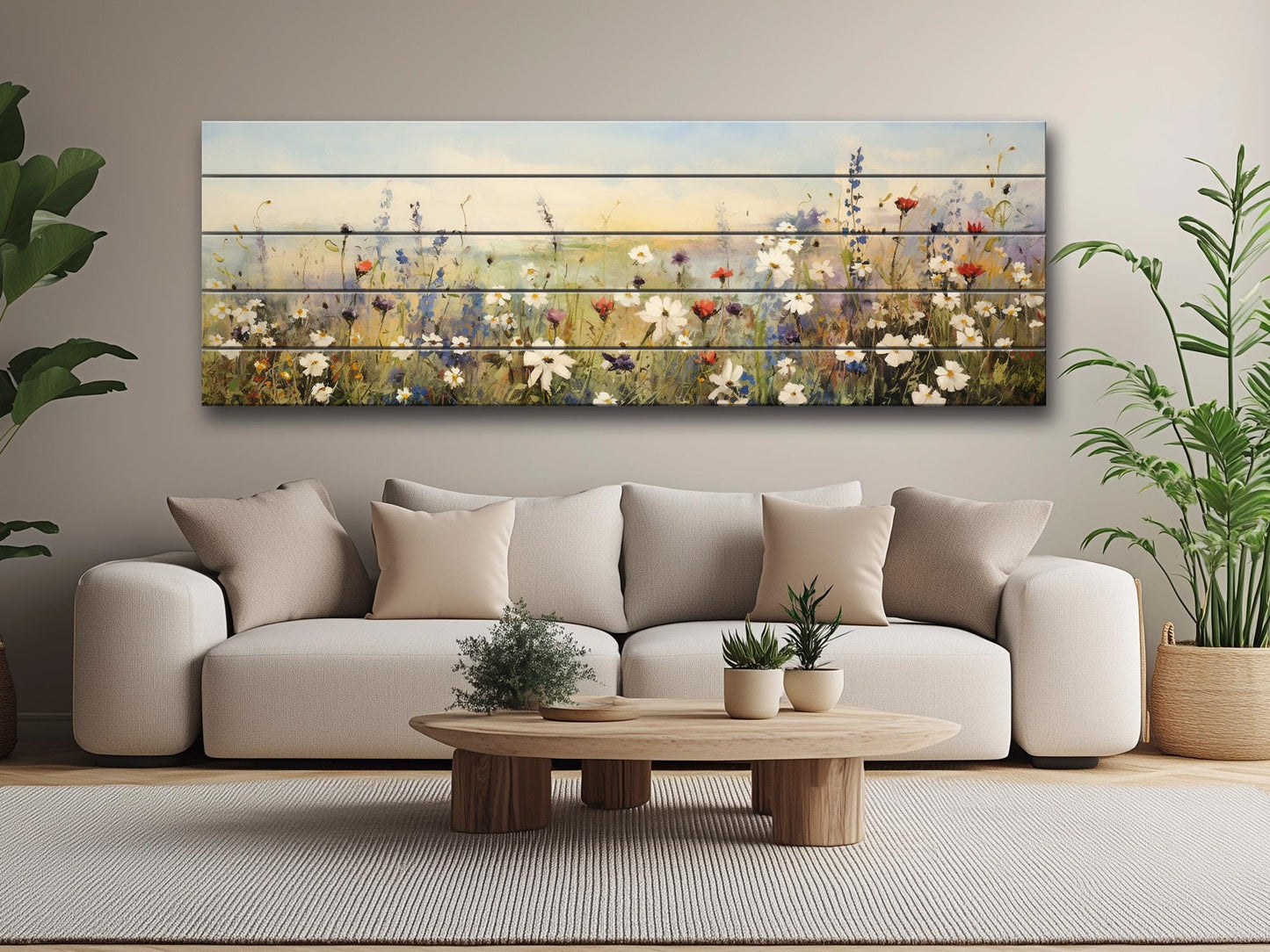 Whimsical Field of Wild Flowers Printed On Natural Wood - Rustic Wall Art