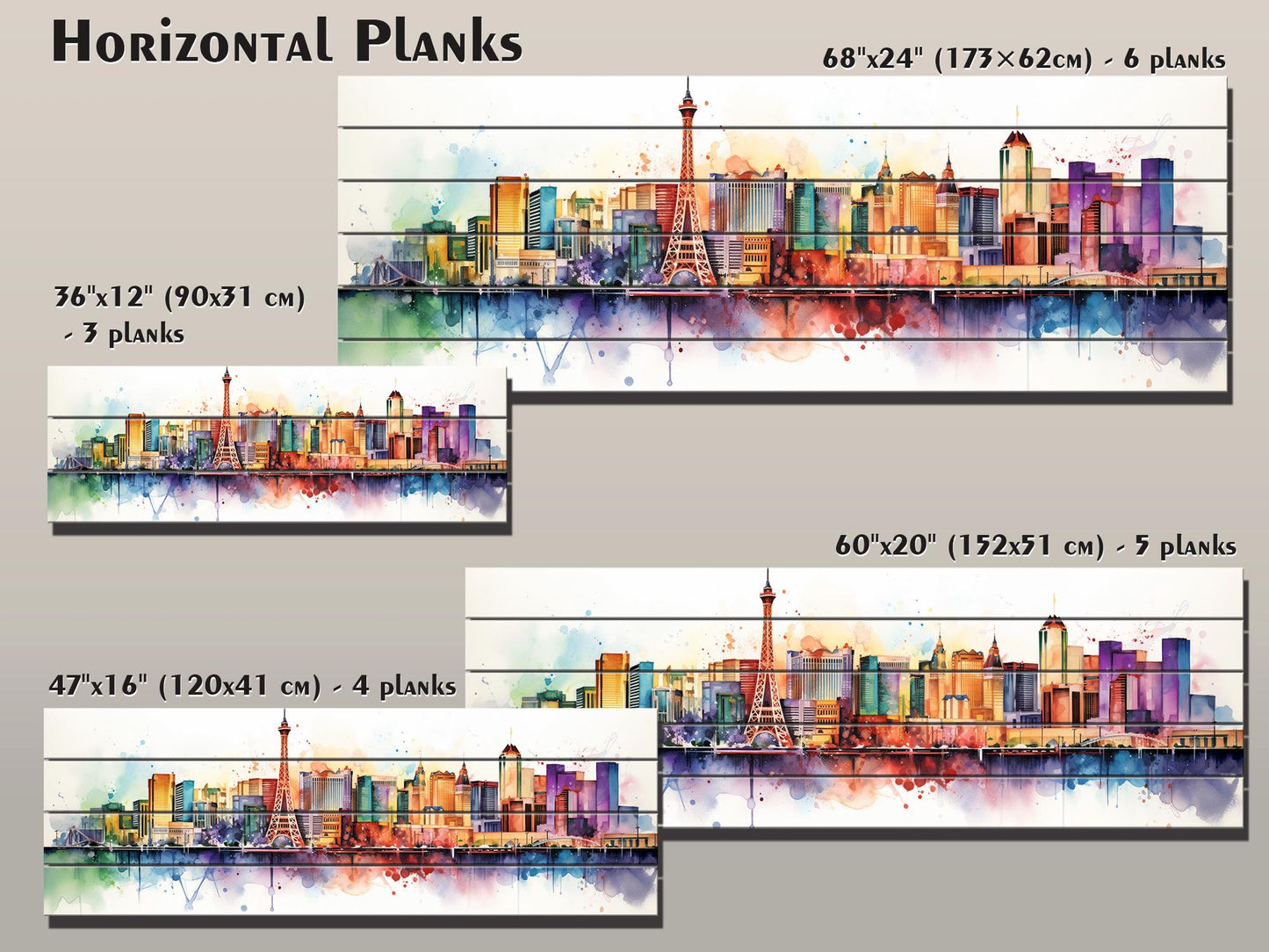 Las Vegas Wall Art – Rustic Wood Decor with Abstract Panoramic Print on Natural Wood
