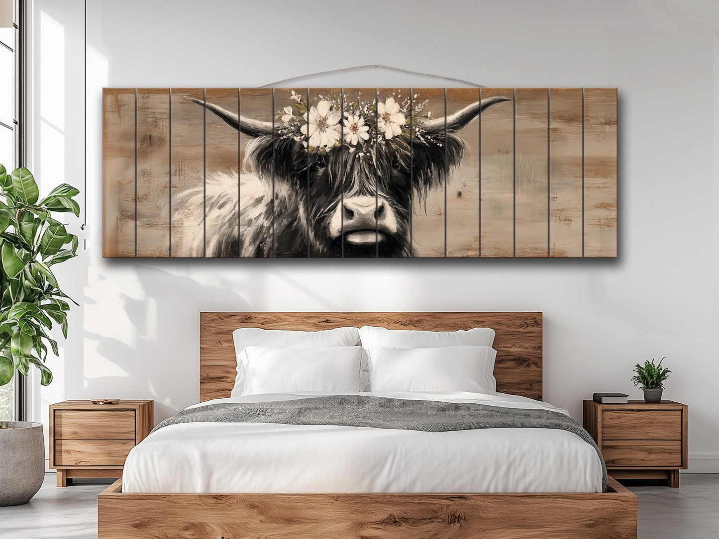 Highland Cow Wall Art – Rustic Wood Art Print | Farmhouse Wall Decor Floral Cow Print