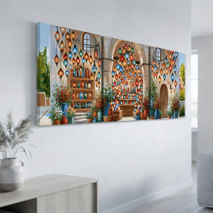 The image is a large painting depicting a colorful and vibrant scene of a market or bazaar, with various items such as lanterns, vases, and potted plants arranged in an aesthetically pleasing manner.