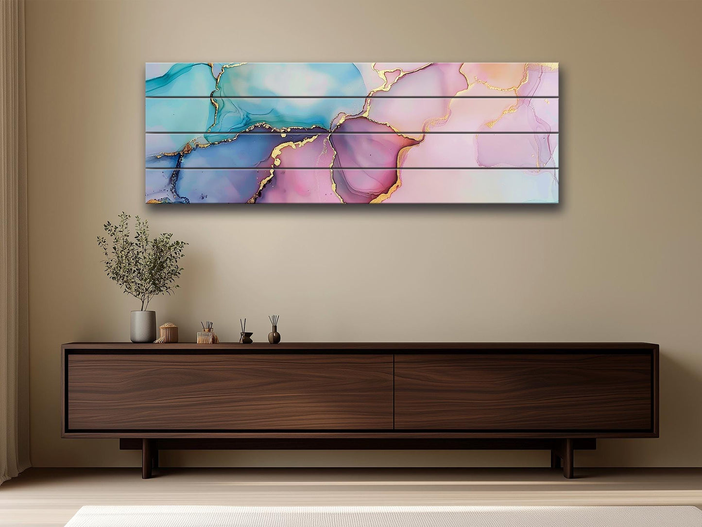 Pastel Marble Wall Art - Colorful Abstract Painting on Natural Wood Print