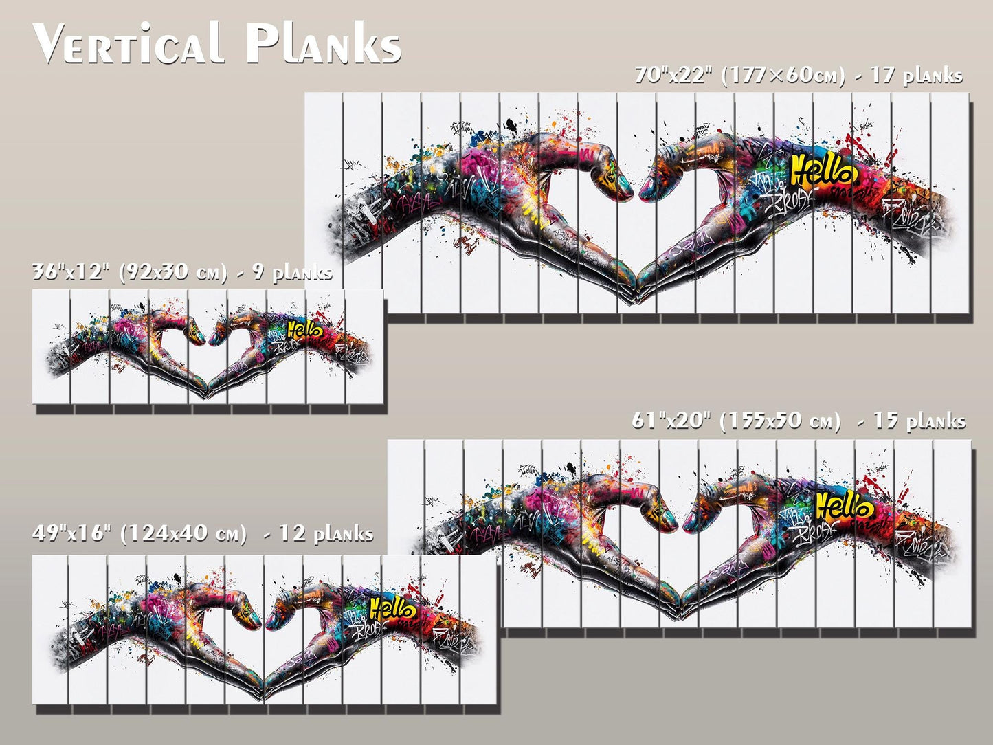Heart Graffiti Style Painting Printed On  Natural Wood – Peace And Love Wall Art
