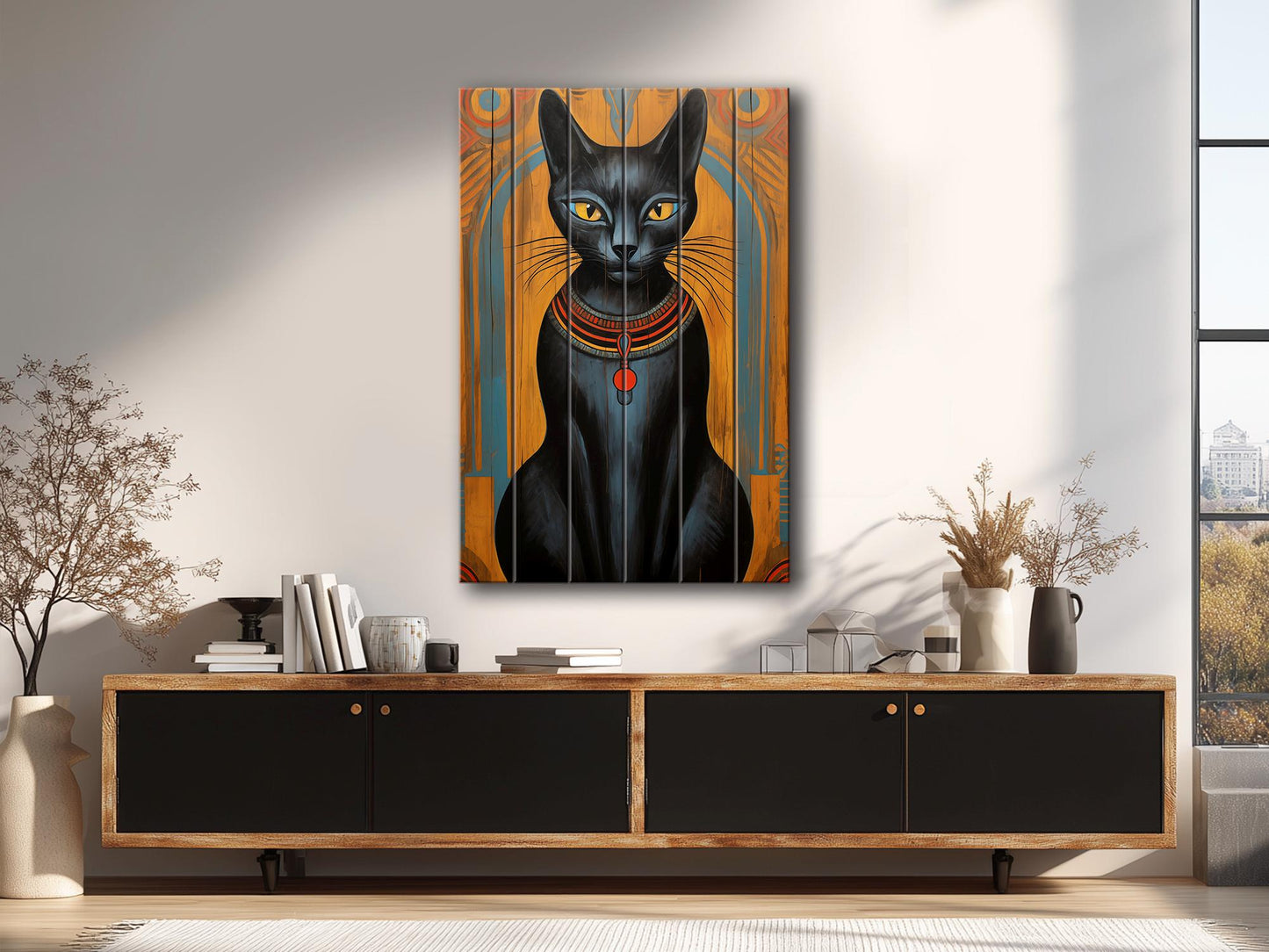 Black Cat Wall Art – Abstract Cat Print on Natural Wood Plank | Egyptian Style Decor