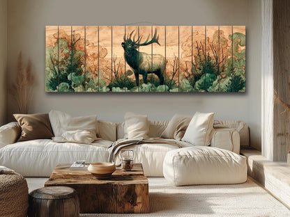 Elk Print On Wood – Rustic Wood Art With Misty Forest Wall Painting & Wildlife Decor