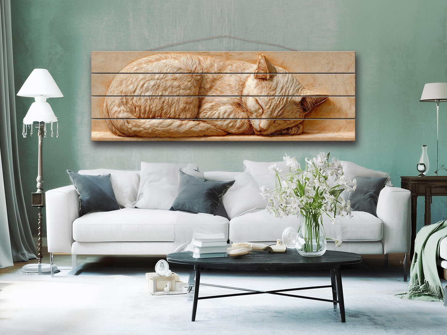 Sleeping Cat Wood Art – Rustic Wood Decor | Beige Wall Art | Cozy Home Print