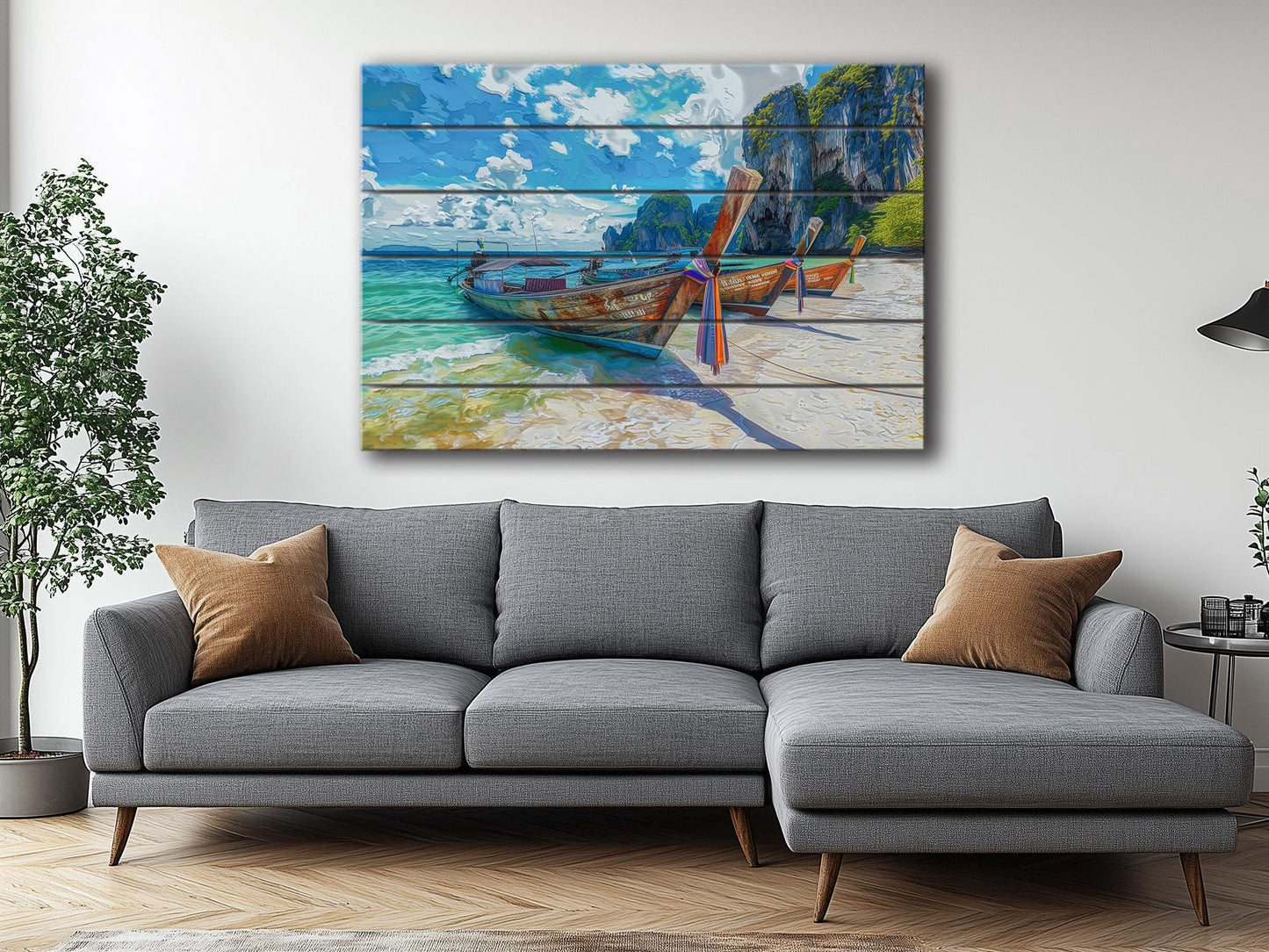 Wood Wall Art - Boats on Beach Print | Tropical Wall Decor with Unique Wood Grain