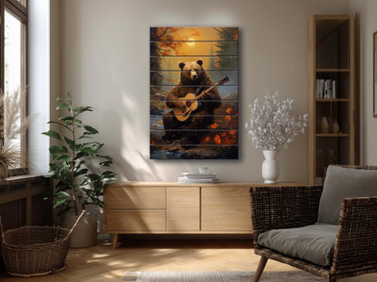 Bear Guitar Wall Art – Rustic Wood Print On Natural Wood Plank Art