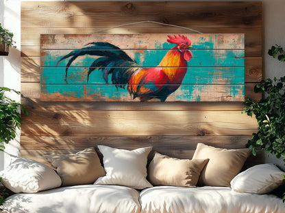 Wood Wall Art - Proud Rooster Print on Natural Wood, Rustic Rooster Painting, Farm Wall Decor, Farmhouse Wall Art, Country House Wall Decor