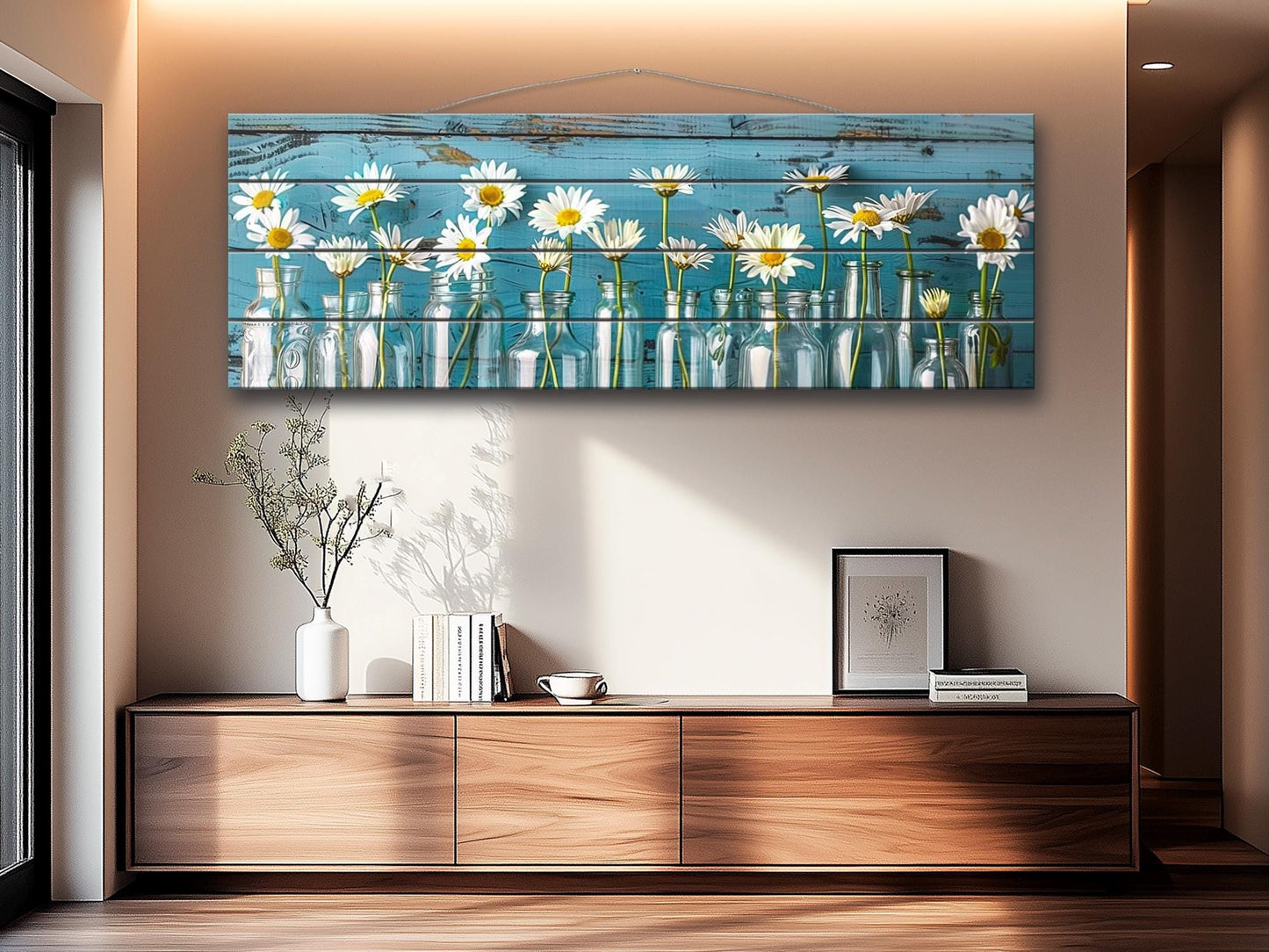 Daisies Wood Print - Rustic Floral Wall Art on Natural Wood with Unique Grain