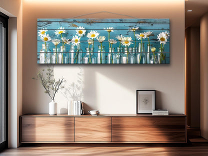 Daisies Wood Print - Rustic Floral Wall Art on Natural Wood with Unique Grain