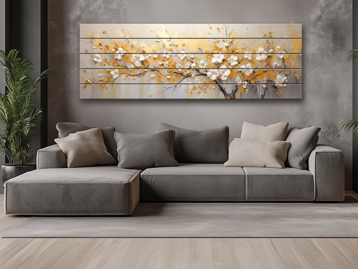 Abstract Gold and White Blossom Tree Print On Natural Wood