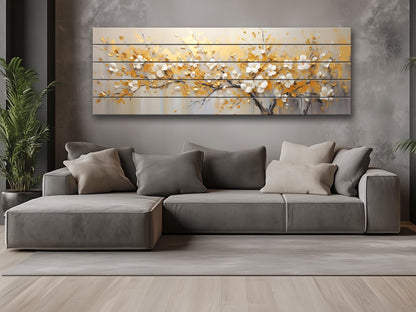 Abstract Gold and White Blossom Tree Print On Natural Wood