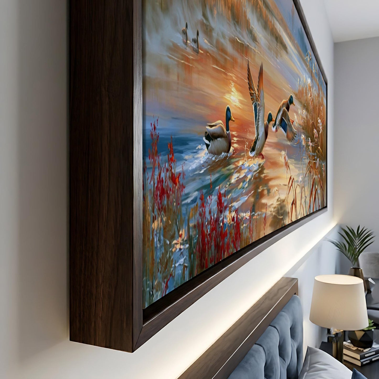 a large, framed painting depicting ducks swimming in a body of water, with vibrant colors and a serene atmosphere.