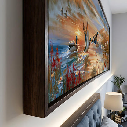 a large, framed painting depicting ducks swimming in a body of water, with vibrant colors and a serene atmosphere.