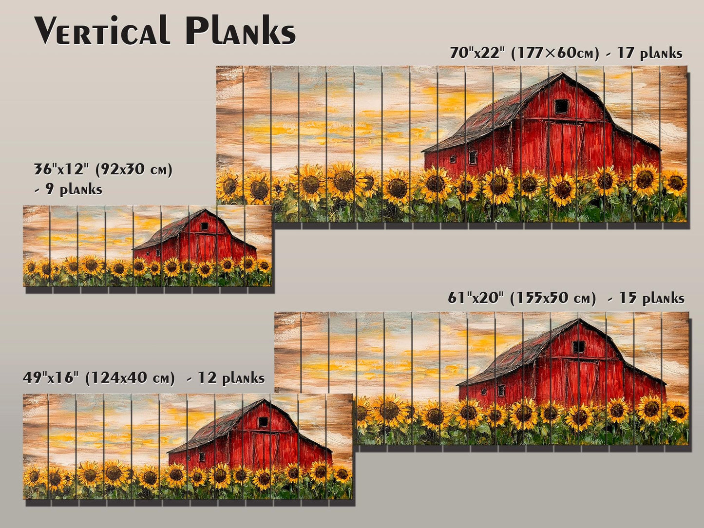 Rustic Wood Print – Sunflowers Field Art with Old Barn on Natural Wood Planks