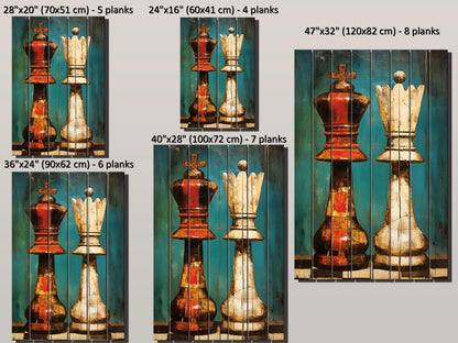 King Queen Chess Art - Rustic Wooden Chess Print On Natural Wood, Ready To Hang
