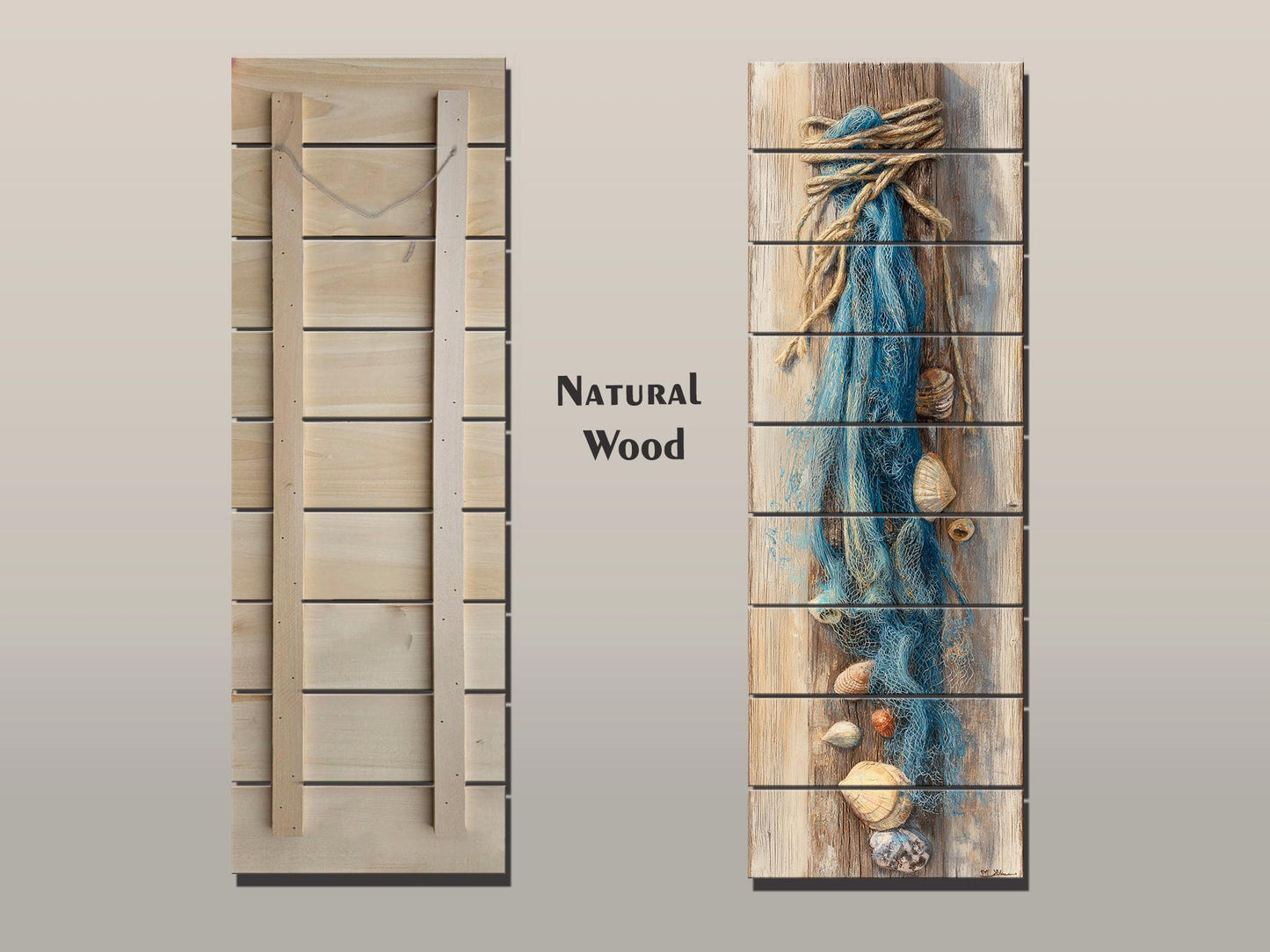 Wood Wall Art - Seashell Print – Nautical Coastal Decor – Fishing Net Beach Print on Natural Wood