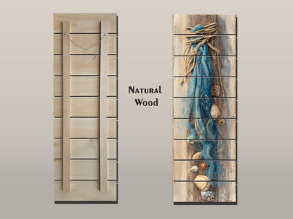Wood Wall Art - Seashell Print – Nautical Coastal Decor – Fishing Net Beach Print on Natural Wood