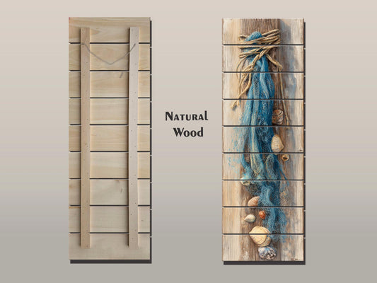Wood Wall Art - Seashell Print – Nautical Coastal Decor – Fishing Net Beach Print on Natural Wood