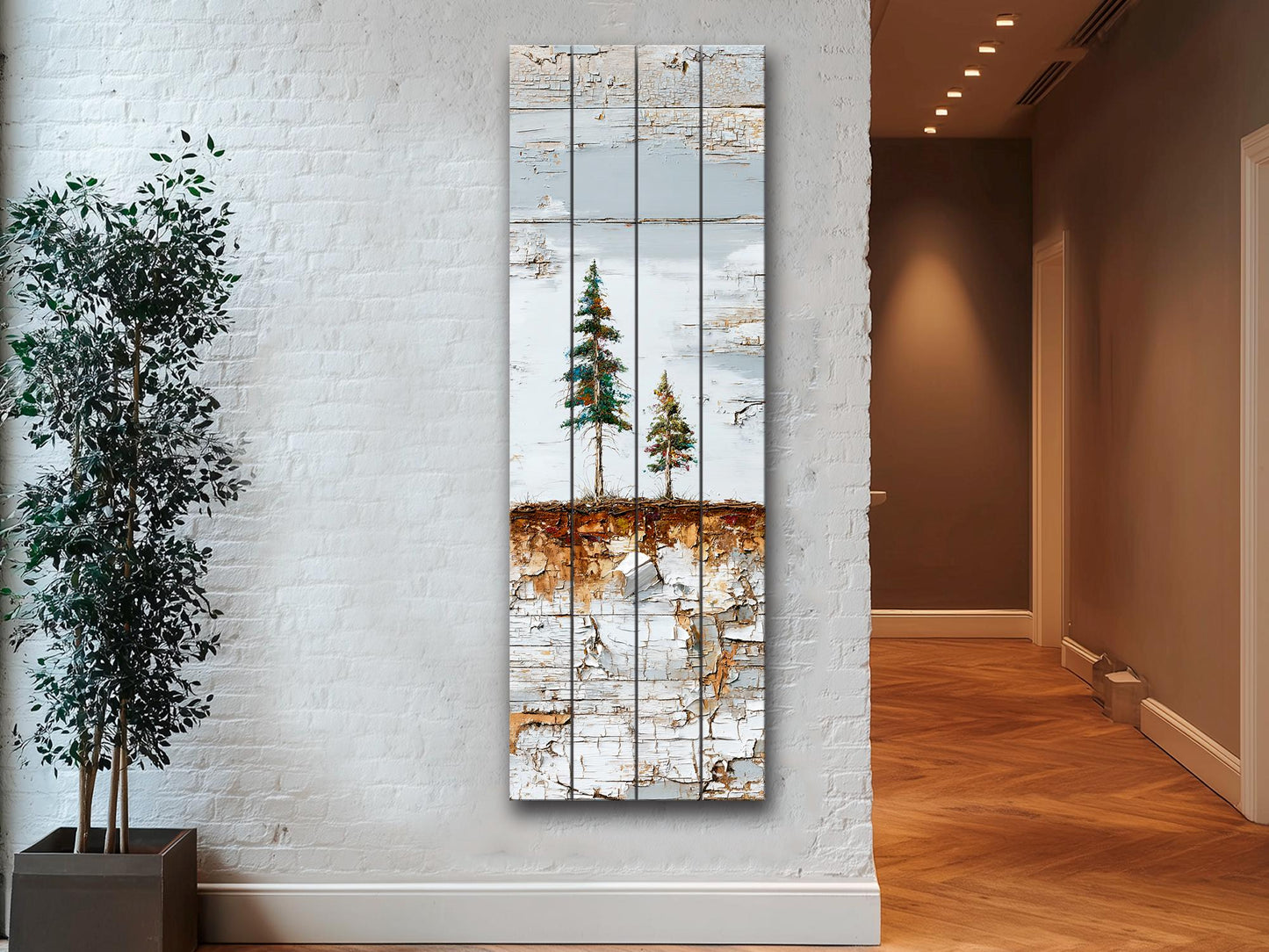 Wabi Sabi Wall Art – Rustic Wood Decor with Pine Tree Painting on Natural Wood Grain