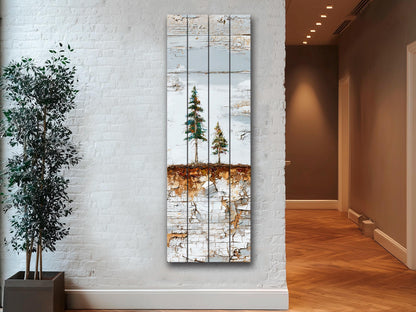 Wabi Sabi Wall Art – Rustic Wood Decor with Pine Tree Painting on Natural Wood Grain