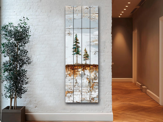 Wabi Sabi Wall Art – Rustic Wood Decor with Pine Tree Painting on Natural Wood Grain
