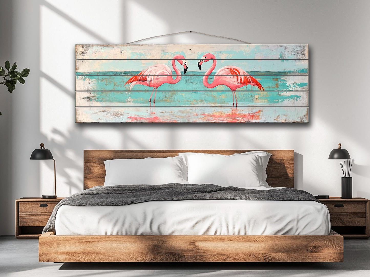 Flamingo Couple Print on Natural Wood, Romantic Wall Art, Rustic Flamingo Painting, Flamingo Wall Art, Soft Tones Bedroom Wall Decor