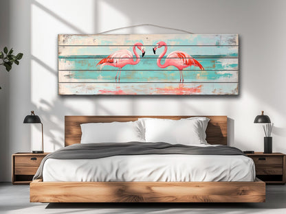 Flamingo Couple Print on Natural Wood, Romantic Wall Art, Rustic Flamingo Painting, Flamingo Wall Art, Soft Tones Bedroom Wall Decor