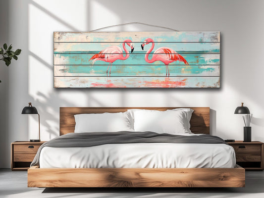 Flamingo Couple Print on Natural Wood, Romantic Wall Art, Rustic Flamingo Painting, Flamingo Wall Art, Soft Tones Bedroom Wall Decor