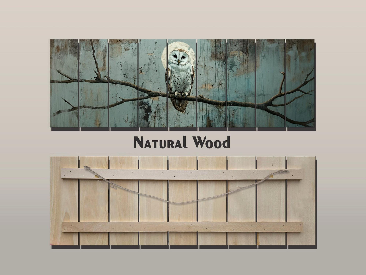 Wood Wall Art – Rustic Owl on Branch Print | Natural Wood Plank Decor