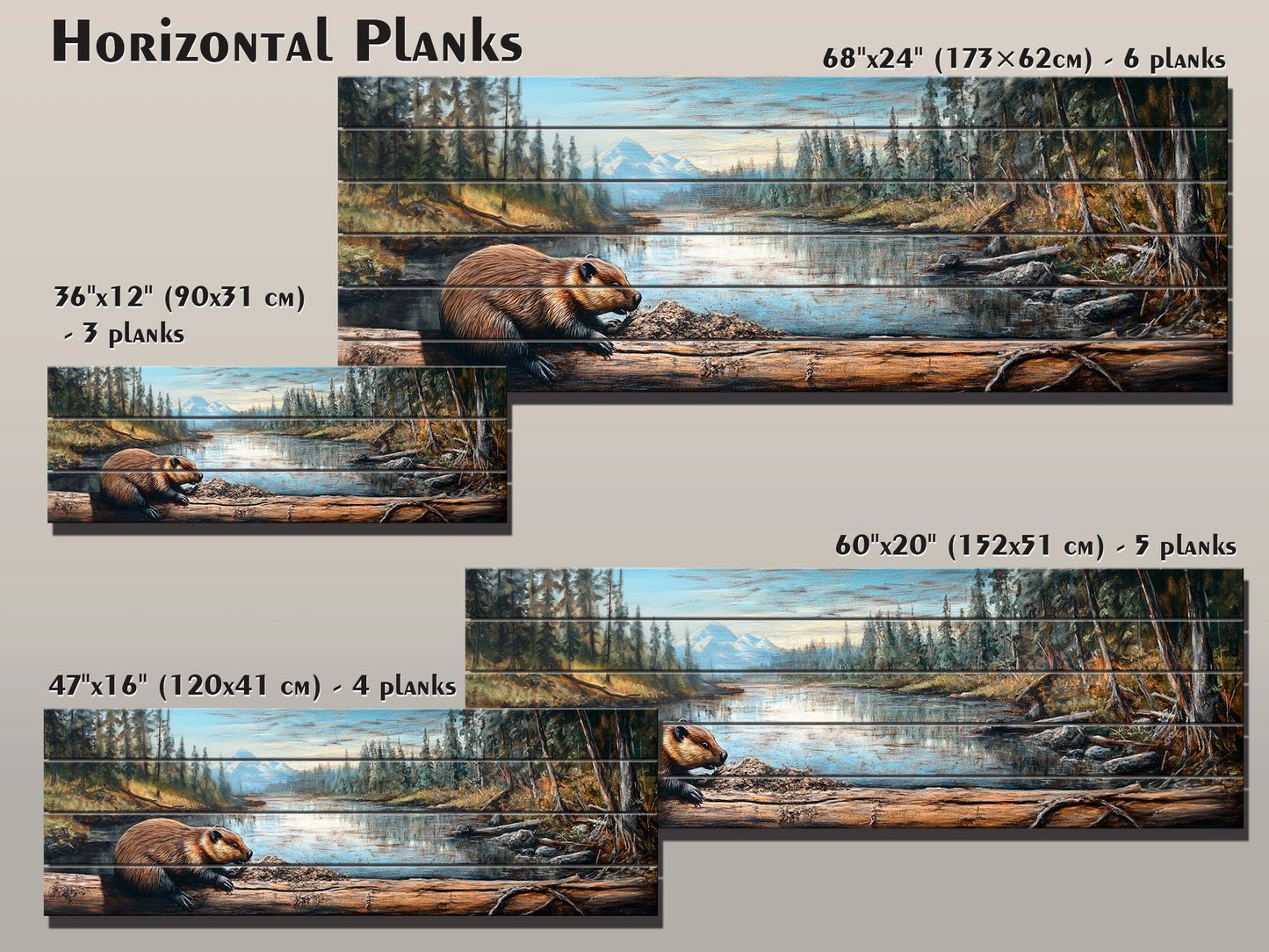 Rustic Beaver Building a Dam in Forest Print on Natural Wood, Rustic Forest Wall Art, Forest Landscape Painting, Wood Print, Wood Wall Art
