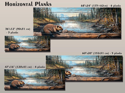 Rustic Beaver Building a Dam in Forest Print on Natural Wood, Rustic Forest Wall Art, Forest Landscape Painting, Wood Print, Wood Wall Art