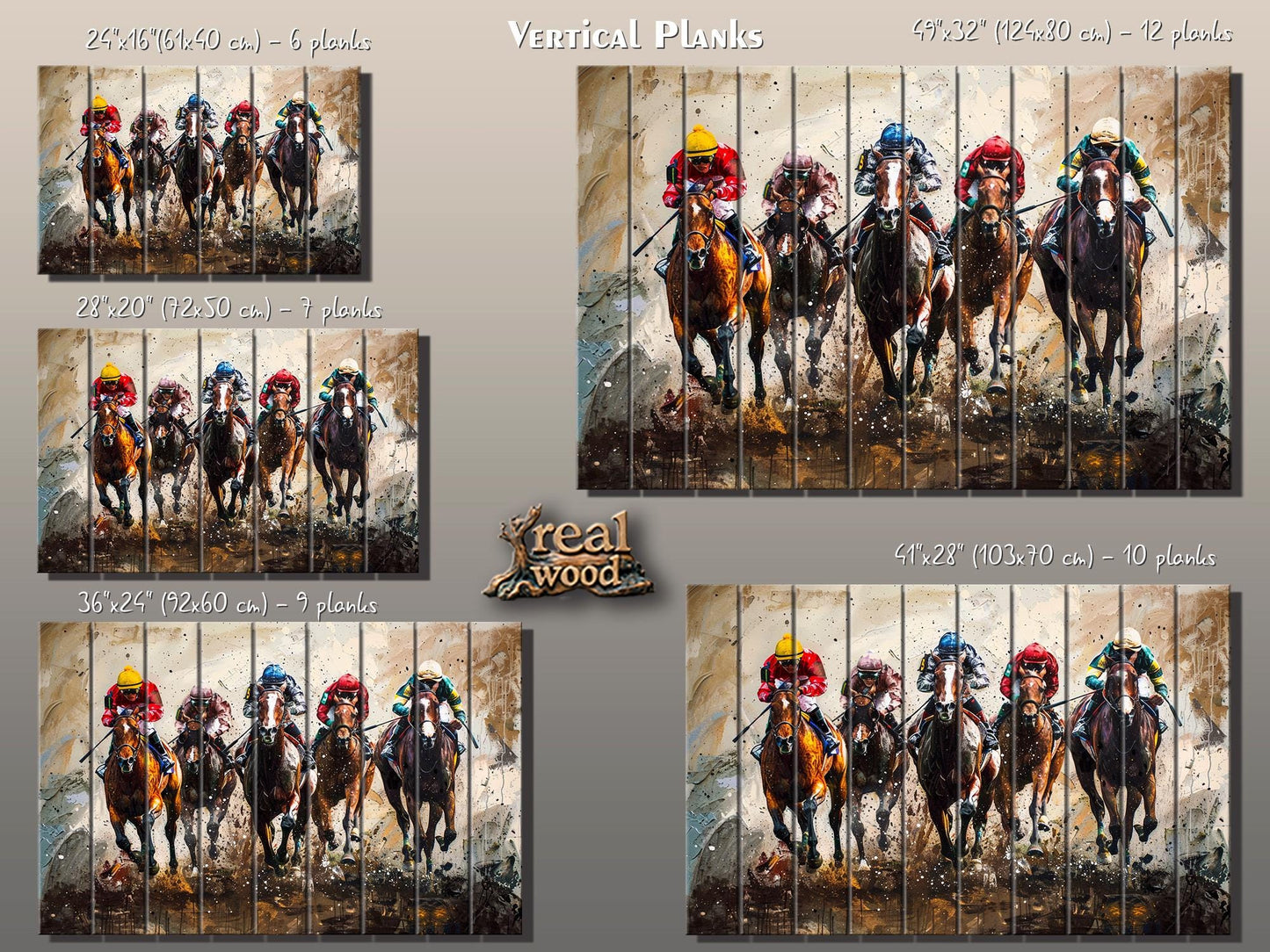 Horse Racing Painting Printed on Wood, Horses Wall Art, Horse Racing Fan Gift, Kentucky Derby Wall Art, Rustic Natural Wood Print