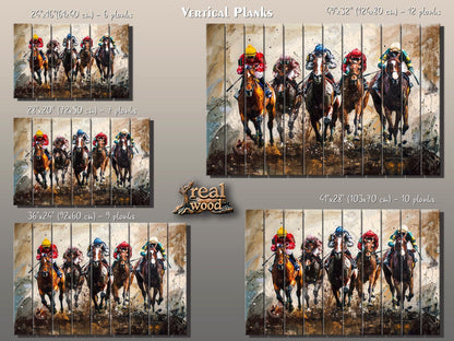 Horse Racing Painting Printed on Wood, Horses Wall Art, Horse Racing Fan Gift, Kentucky Derby Wall Art, Rustic Natural Wood Print