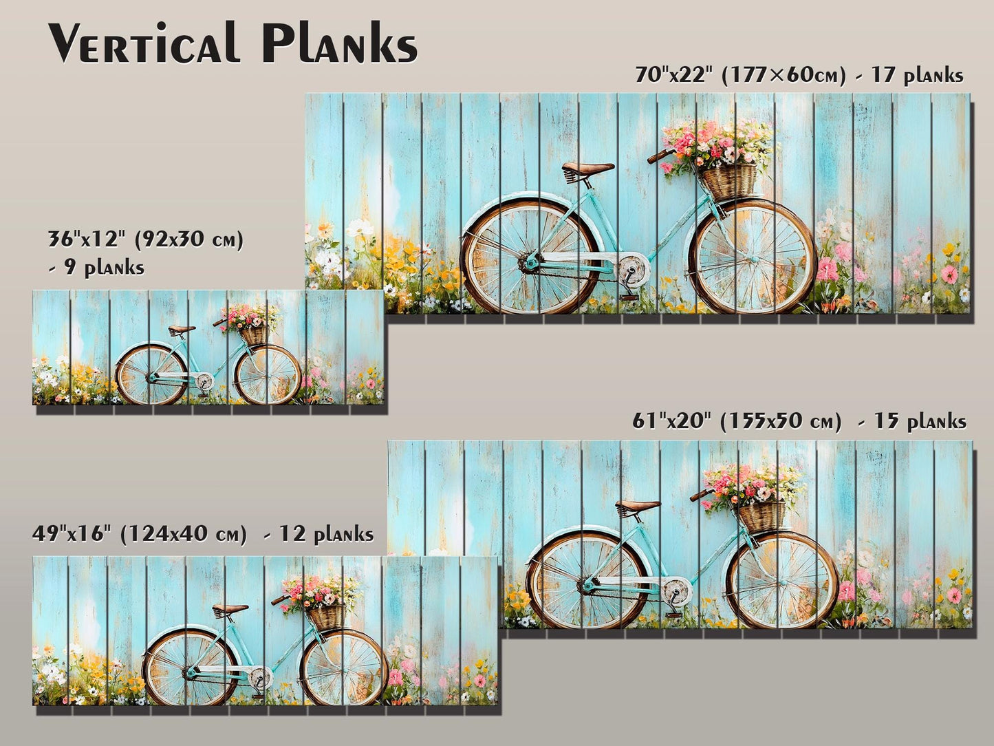 Vintage Bicycle Wall Art – Rustic Floral Print on Natural Wood Plank Art