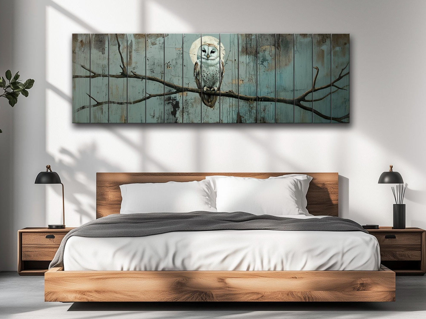 Wood Wall Art – Rustic Owl on Branch Print | Natural Wood Plank Decor