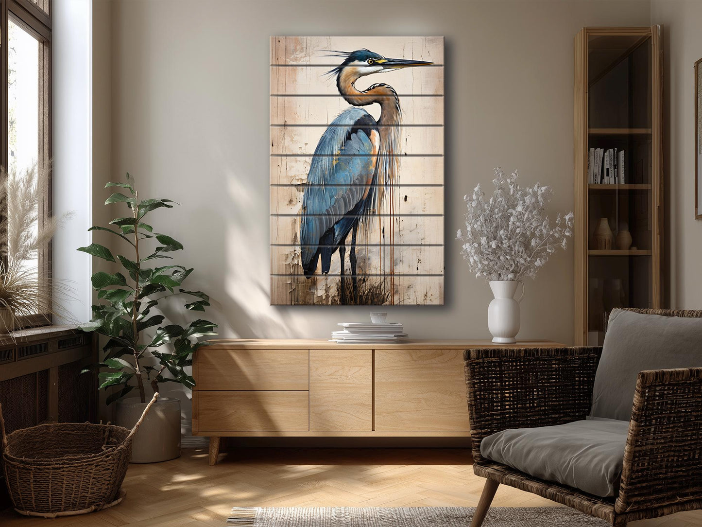 Heron Print on Natural Wood – Oil Painting Style Rustic Cabin Wall Art