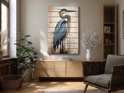 Heron Print on Natural Wood – Oil Painting Style Rustic Cabin Wall Art