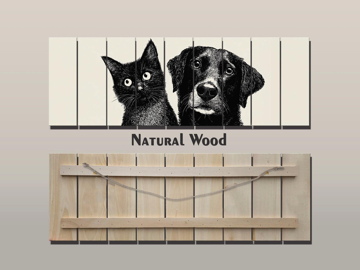 Cat and Dog Print on Wood, Black and White Pet Wall Art, Rustic Bedroom Print
