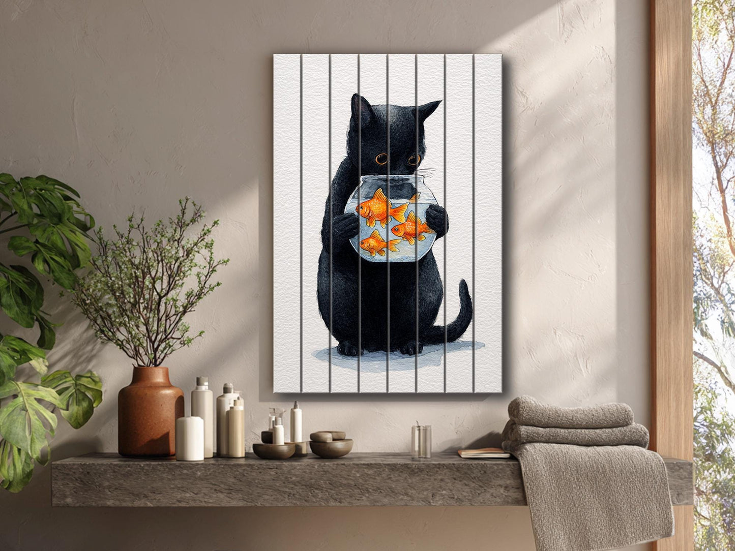 Black Cat Wall Art – Minimalist Wood Print on Natural Plank with Goldfish