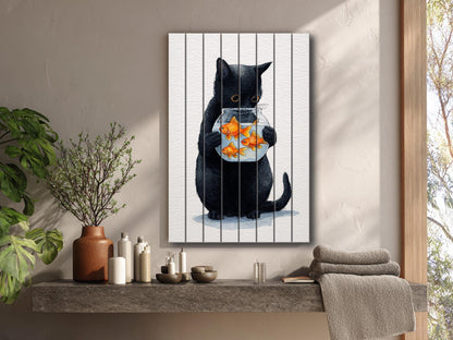 Black Cat Wall Art – Minimalist Wood Print on Natural Plank with Goldfish