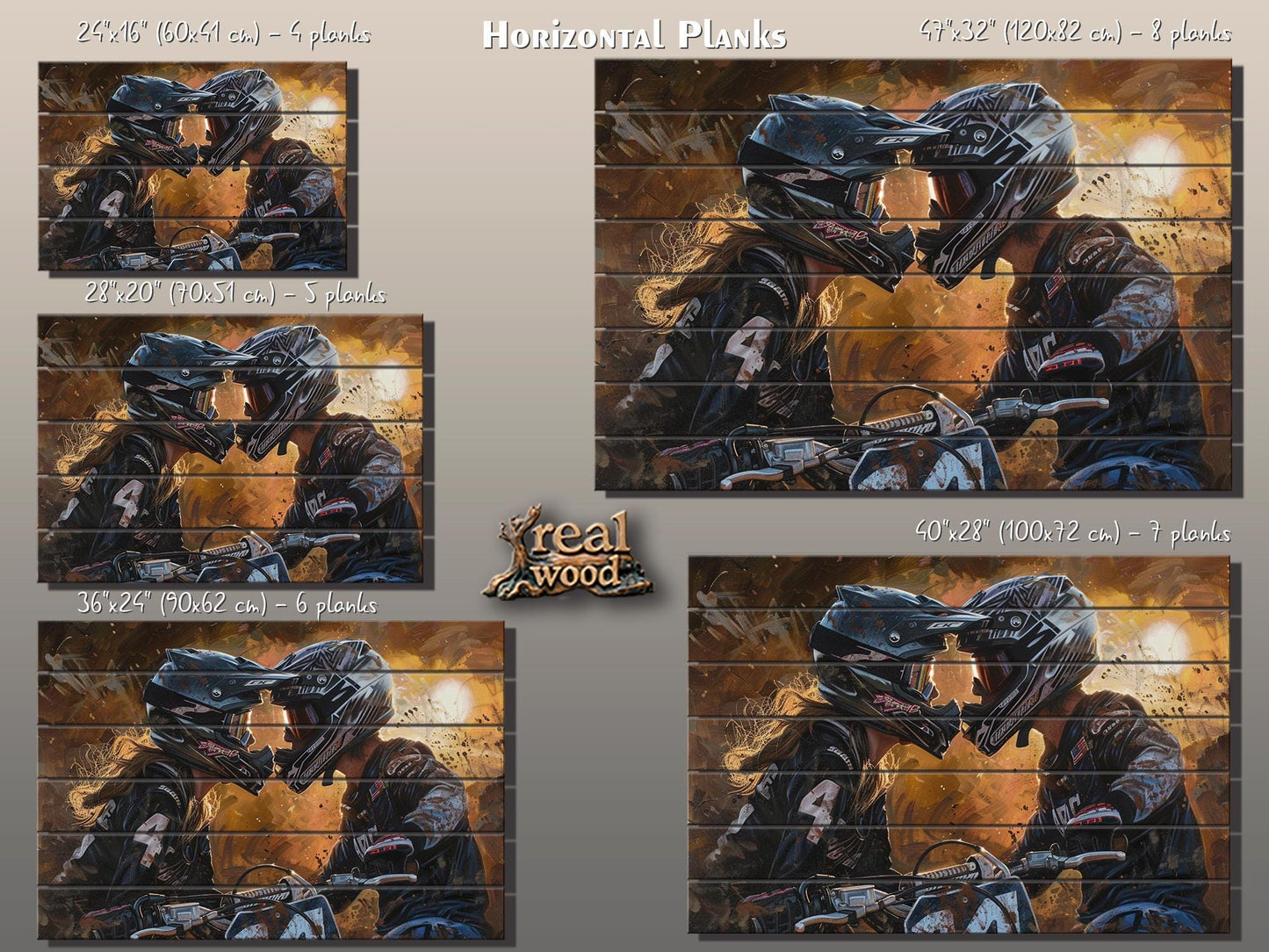 Motocross Wood Art - Couple Bikers Kissing Print on Natural Wood Plank