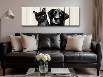 Cat and Dog Print on Wood, Black and White Pet Wall Art, Rustic Bedroom Print