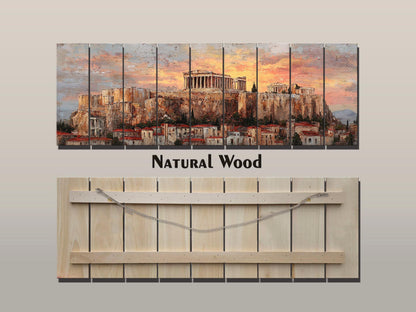 Athens Wood Print – Rustic Wall Art with Acropolis Sunset on Distressed Wood