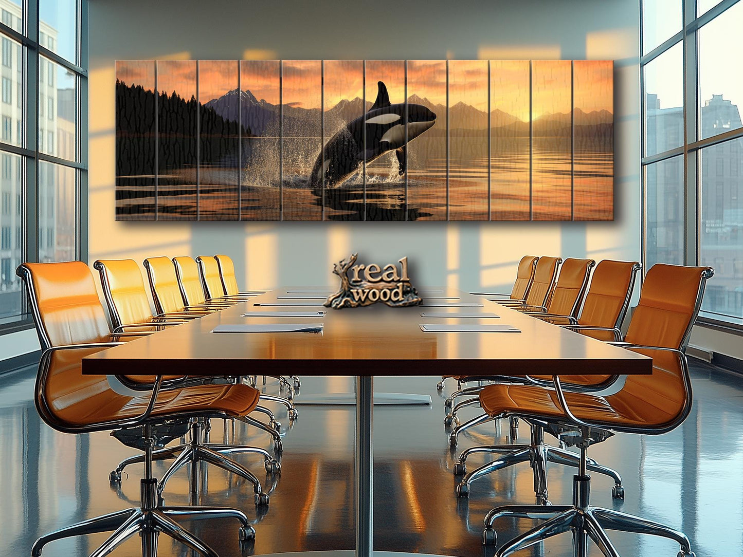 Orca Wall Art – Large Abstract Orca Jump Painting | Natural Wood Print Decor