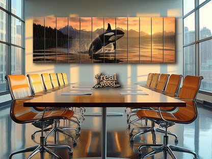 Orca Wall Art – Large Abstract Orca Jump Painting | Natural Wood Print Decor