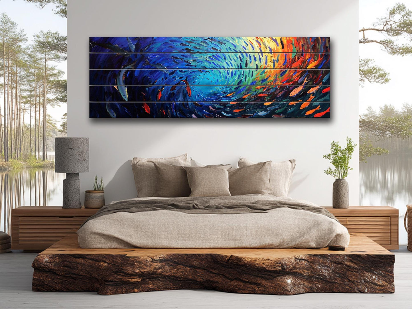 Fishing Wall Art – Colorful School Of Fish Wooden Wall Decor On Natural Wood Print