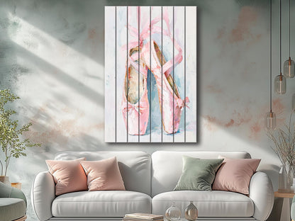 Pink Ballet Shoes Wall Art - Wooden Wall Decor | Pastel Dance Print on Wood